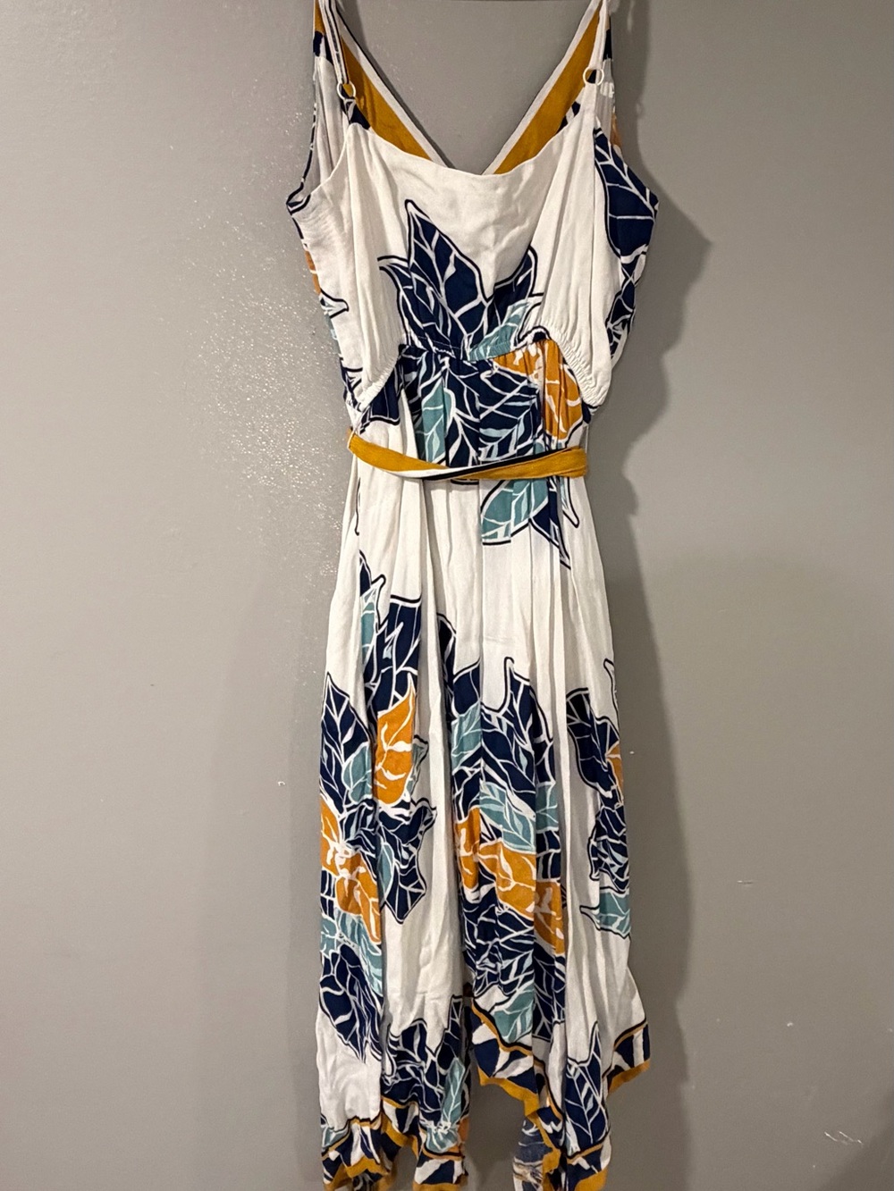 Nine West White Maxi Dress with Navy, Mustard & Teal Leaf Print - Picture 3 of 3